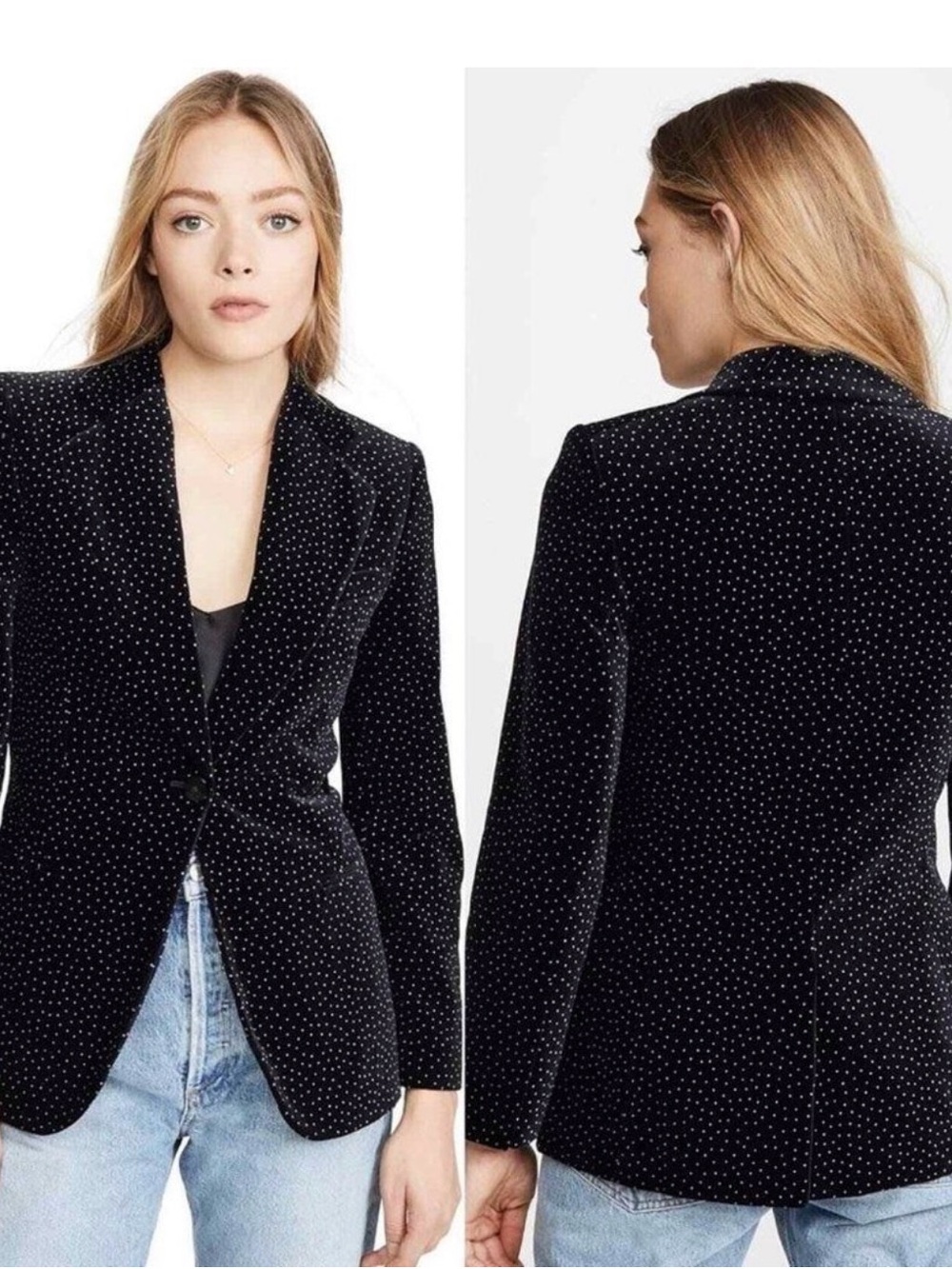 Theory $435 Size 6 Black Velvet Blazer Jacket with White Polka Dots